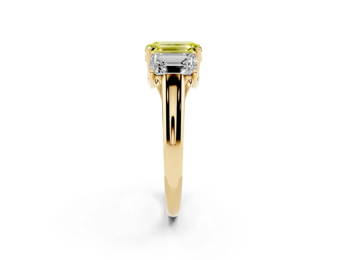 Fancy Yellow Three-Stone Emerald Cut Diamond Engagement Ring with Prong Setting Yellow gold