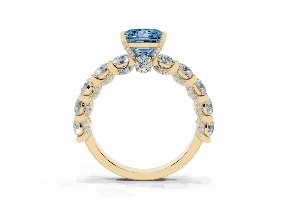 Fancy Blue Princess Cut Diamond Side Stone Engagement Ring with Four-Prong Setting Yellow gold