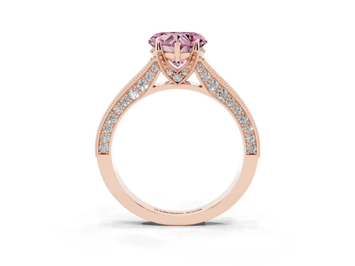 Fancy Pink Heart Cut Cut Diamond Solitaire Ring with Milgrain Pave Band and Four Prong Setting Rose gold