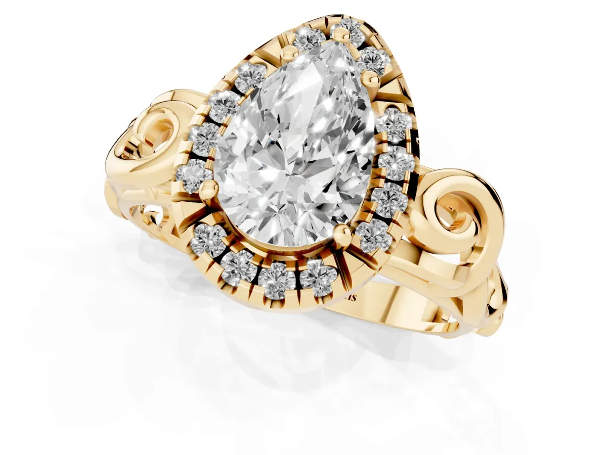 Pear Cut Cut Halo Diamond Ring with Scrollwork Band and Four-Prong Setting Yellow gold