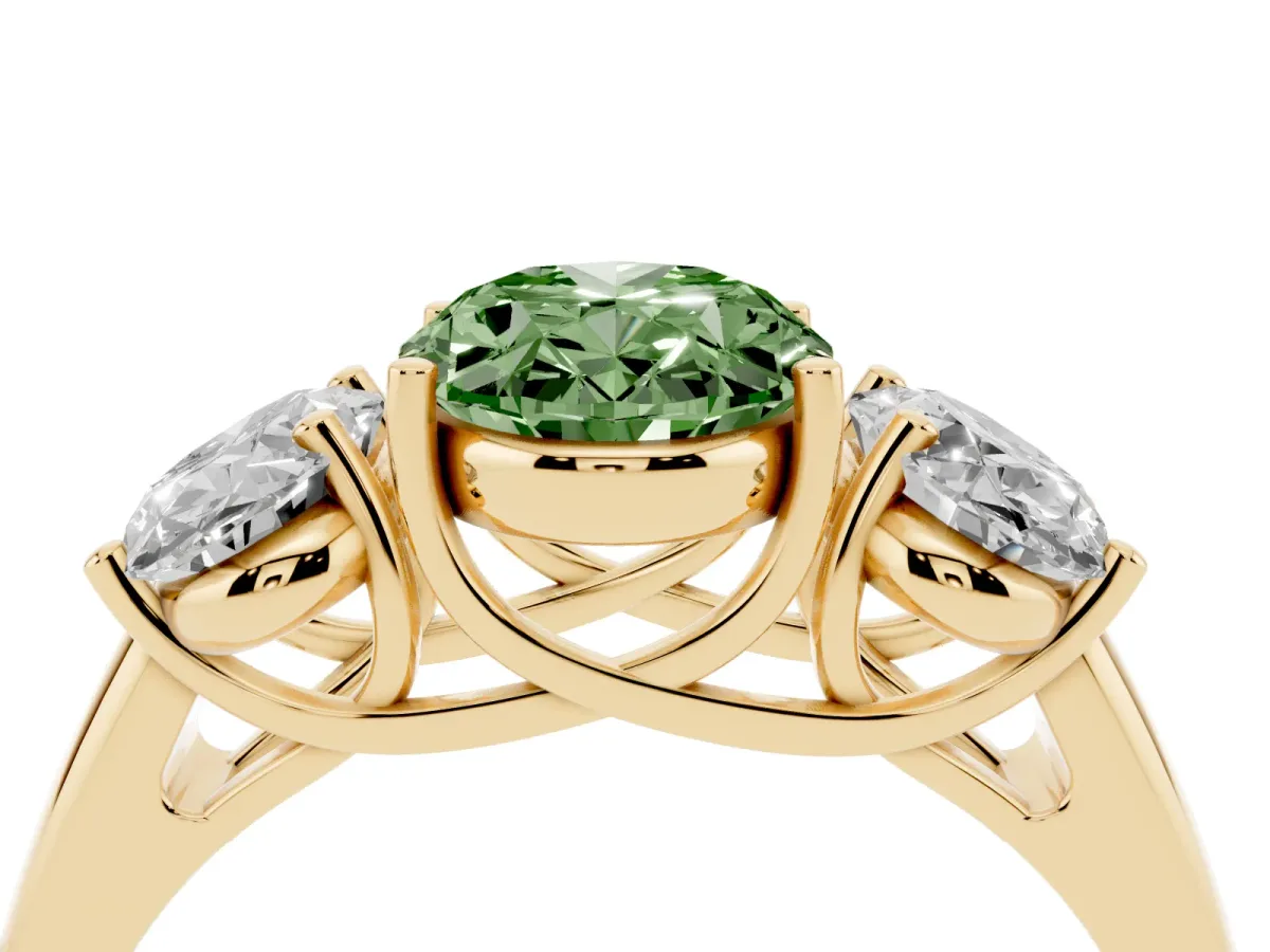 Fancy Green Three-Stone Oval Cut Diamond Engagement Ring with Prong Setting Yellow gold