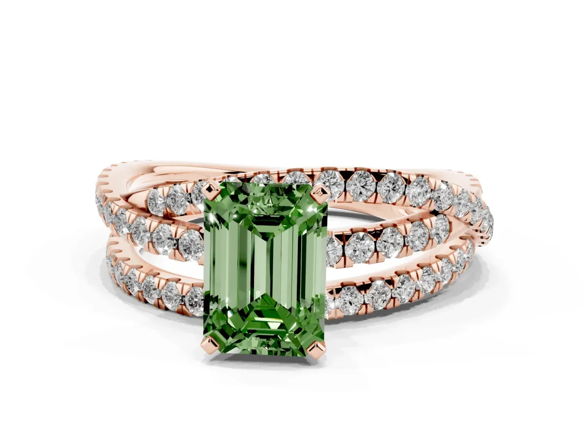 Fancy Green Emerald Cut Solitaire Twist Band with Pavé Setting and Four-Prong Setting Rose gold
