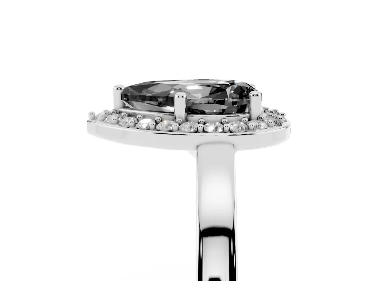 Fancy Black Pear Cut Halo Diamond Ring with Solitaire Band and Prong Setting Silver