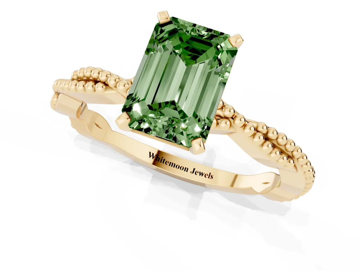 Fancy Green Emerald Cut Solitaire Twisted Band with Bead Prong Setting Yellow gold