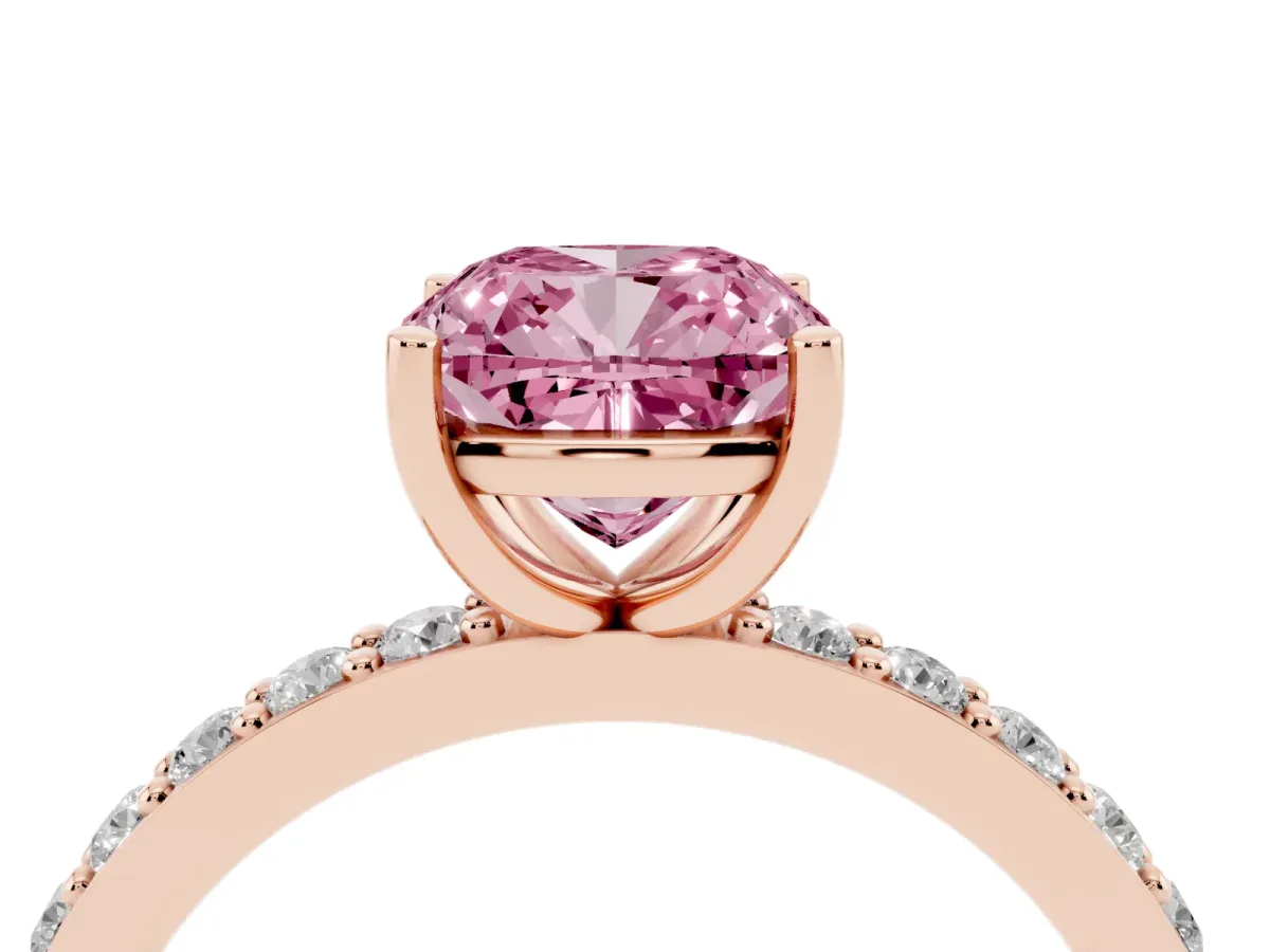 Fancy Pink Cushion Cut Cut Diamond Solitaire with Pave Band and Four-Prong Setting Rose gold