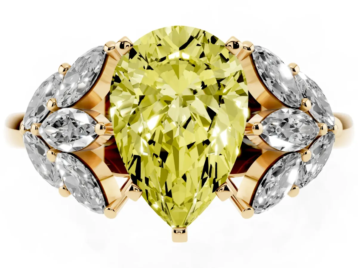Fancy Yellow Pear Cut Diamond Cluster Leaf Design Ring with Prong Setting Yellow gold