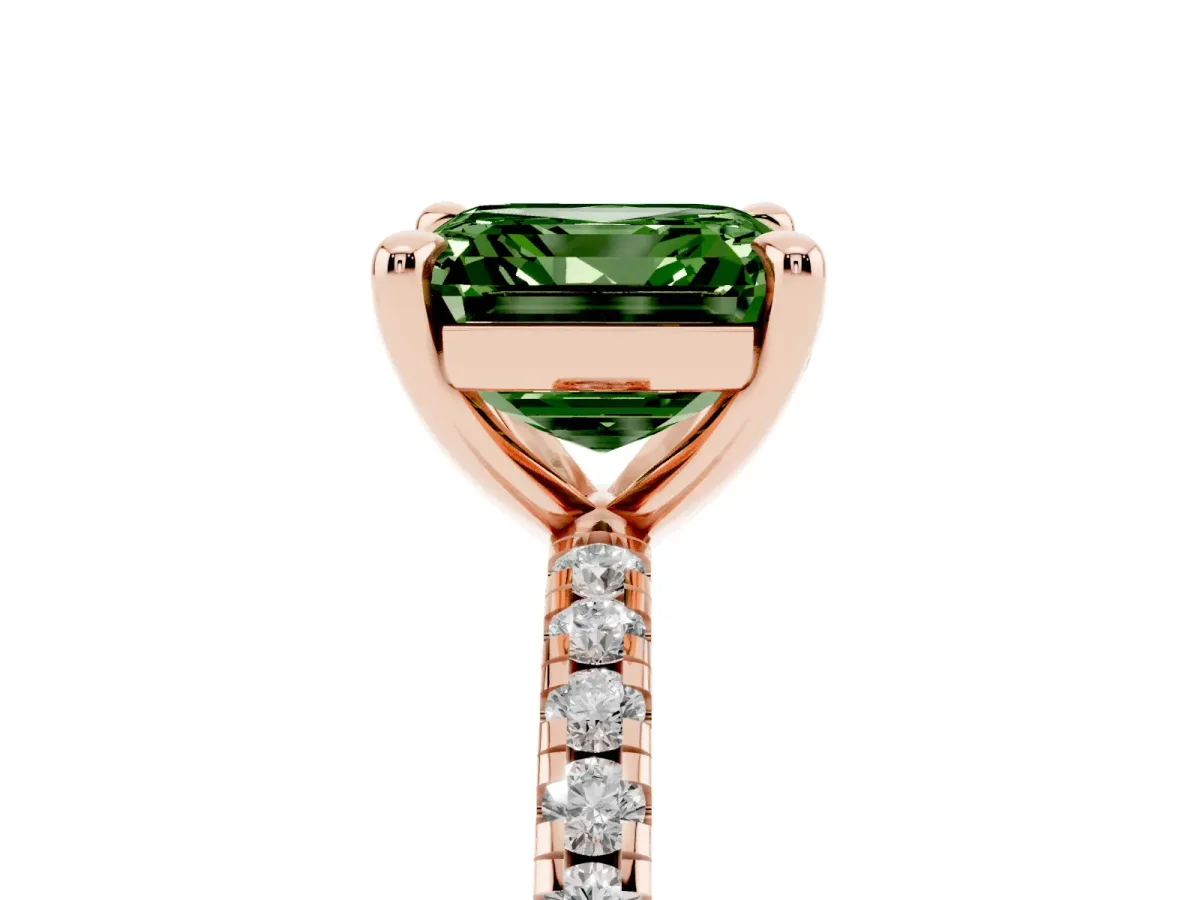 Fancy Green Asscher Cut Diamond Brilliant Solitaire Ring with Pavé Band and Four-Prong Setting Rose gold