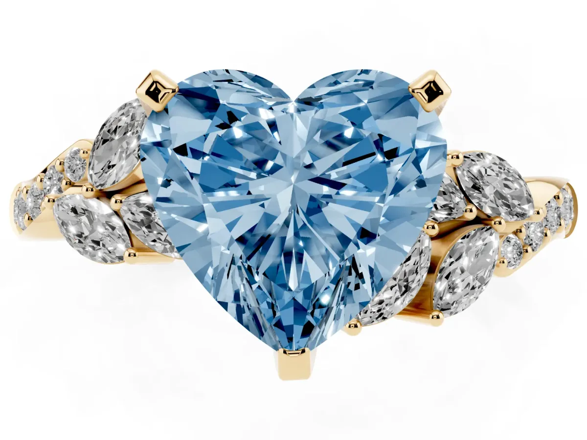 Fancy Blue Heart Cut Solitaire Marquise Twist Band with Six-Prong Setting Yellow gold