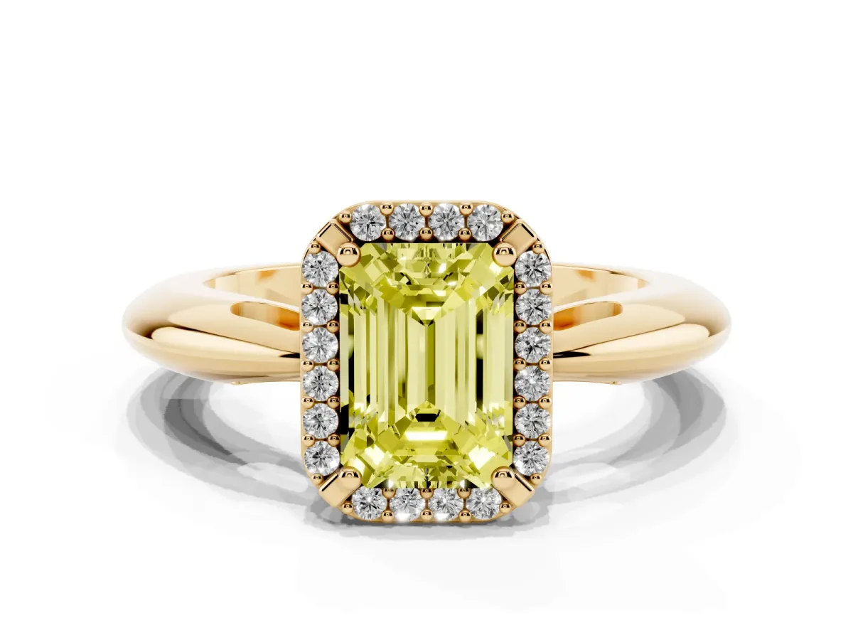 Fancy Yellow Emerald Cut Cut Diamond Halo Engagement Ring with Split Shank and Four-Prong Setting Yellow gold