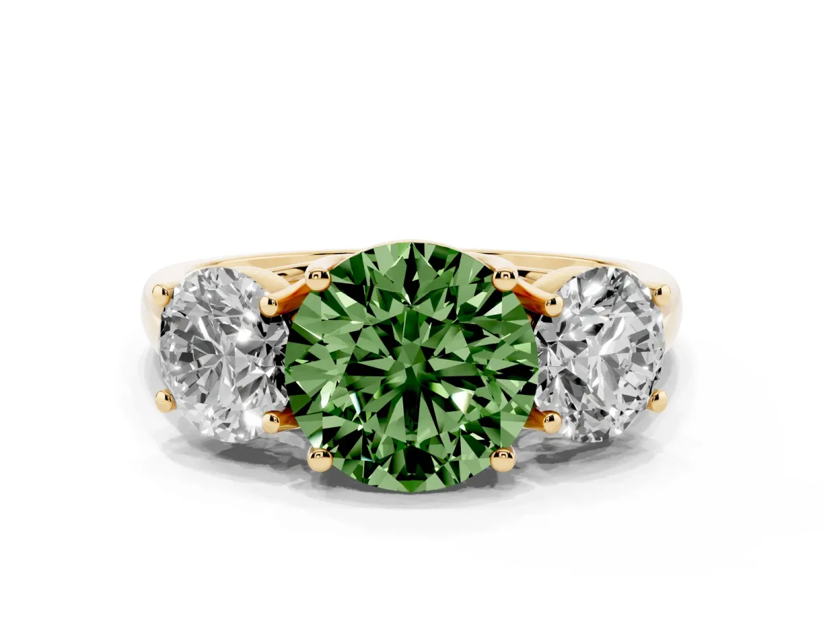 Fancy Green Three-Stone Round Cut Diamond Engagement Ring with Prong Setting Yellow gold