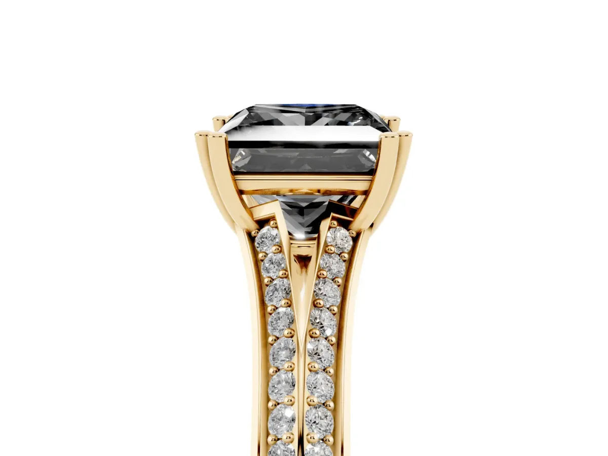 Fancy Black Princess Cut Diamond Split Shank Engagement Ring with Pavé Band Yellow gold