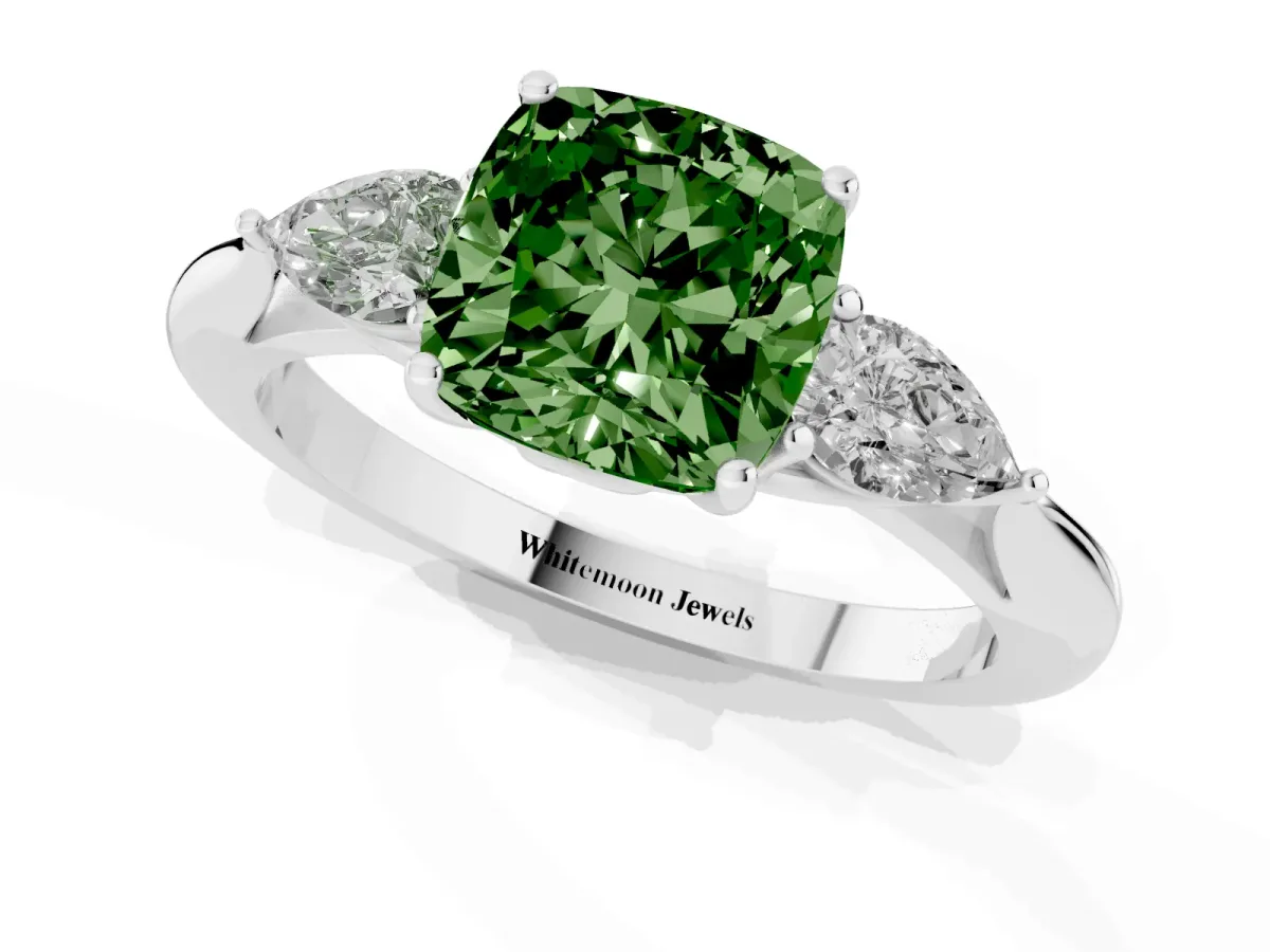 Fancy Green Cushion Cut Diamond Three-Stone Ring with Pear Side Stones and Prong Setting Silver