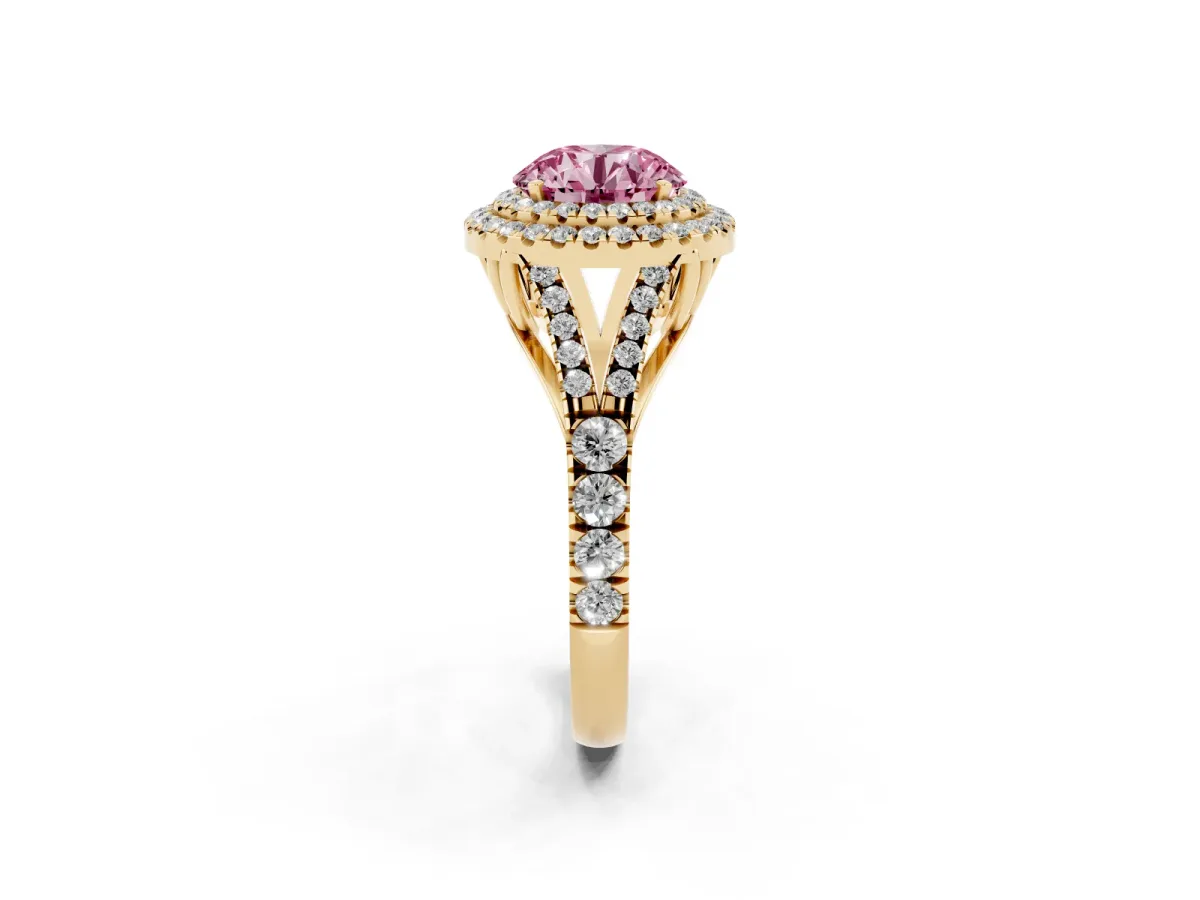 Fancy Pink Double Halo Round Cut Diamond Split Shank Engagement Ring with Four-Prong Setting Yellow gold