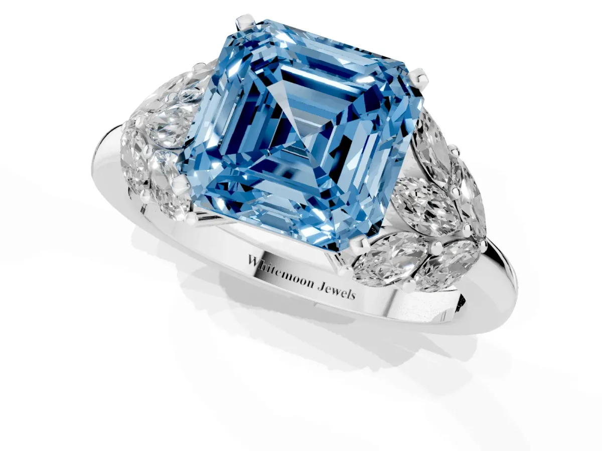 Fancy Blue Asscher Cut Diamond Cluster Leaf Design Ring with Prong Setting Silver