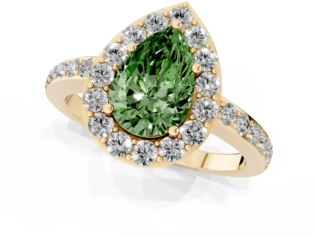 Fancy Green Pear Cut Halo Diamond Pavé Band Ring with Prong Setting Yellow gold