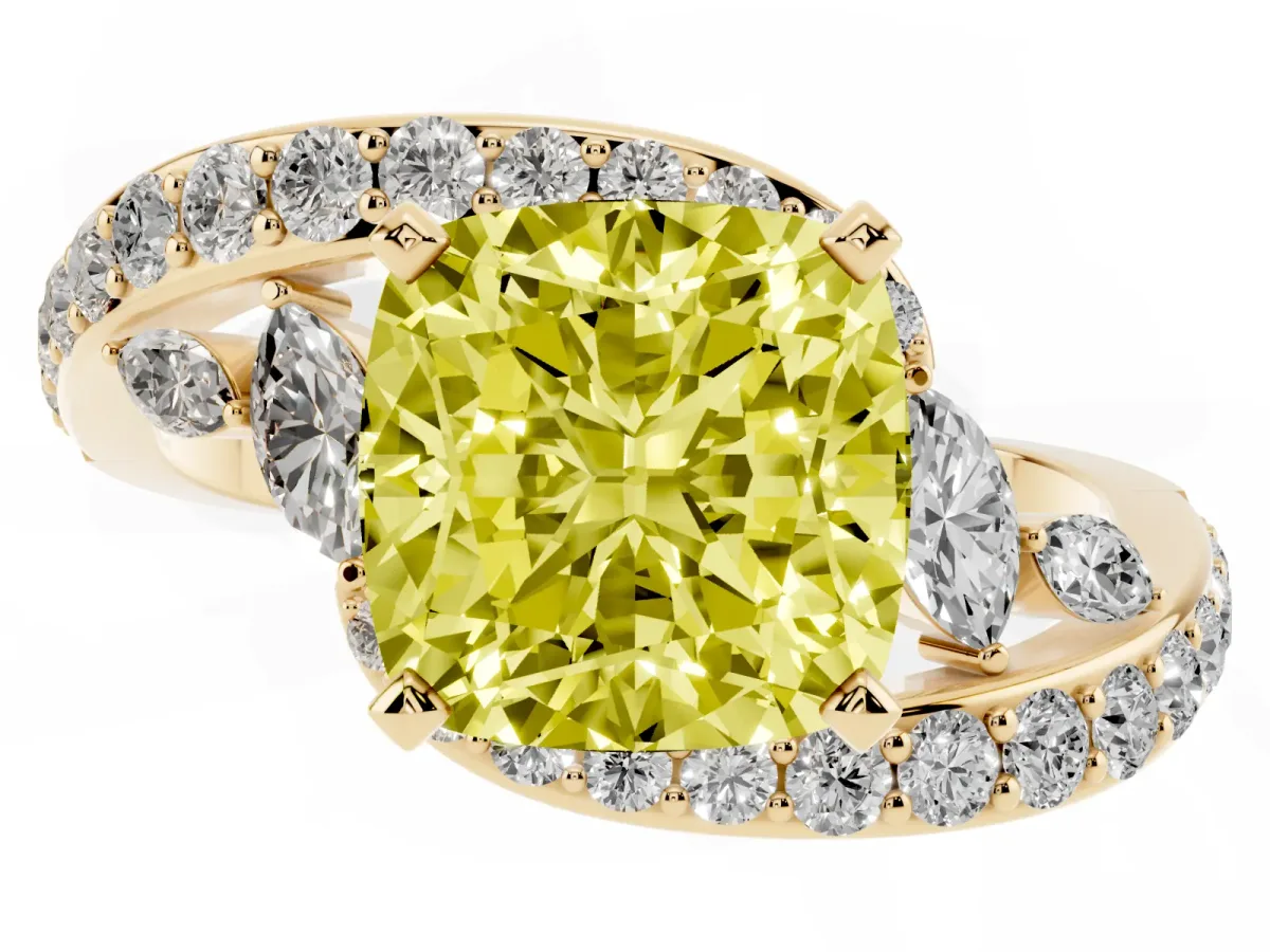 Fancy Yellow Cushion Cut Solitaire with Pavé Twist Band and Four-Prong Setting Yellow gold