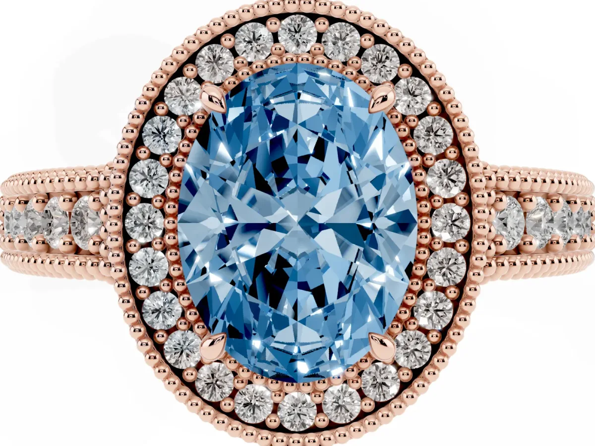 Fancy Blue Oval Cut Cut Halo Diamond Ring with Pavé Band and Four-Prong Setting Rose gold