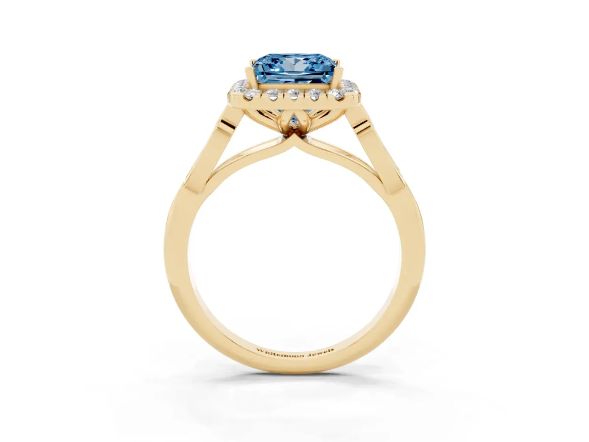 Fancy Blue Princess Cut Halo Diamond Engagement Ring with Filigree Band and Four-Prong Setting Yellow gold