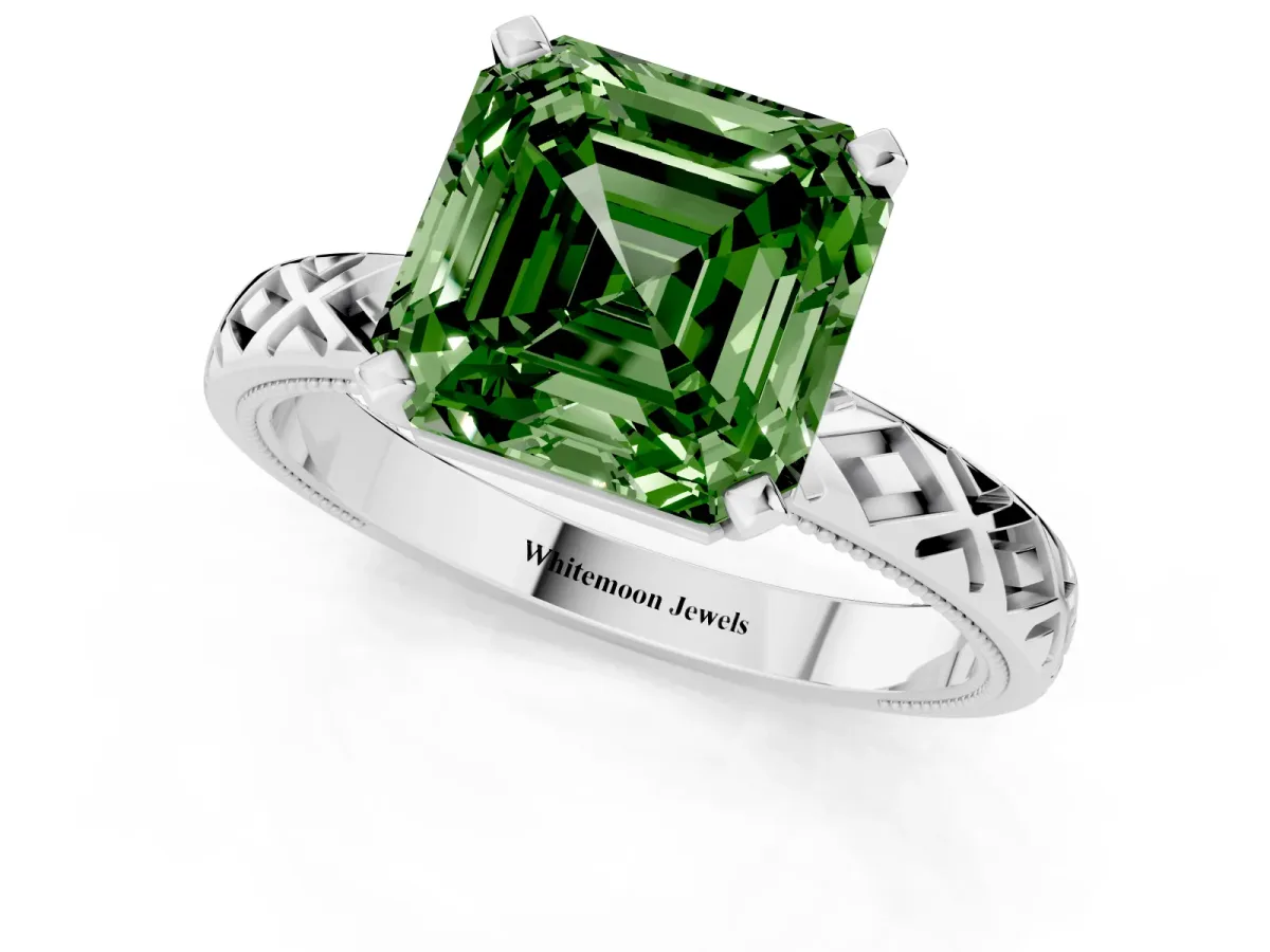 Fancy Green Asscher Cut Solitaire Diamond Ring with Milgrain and Black Enamel X Pattern Band Silver