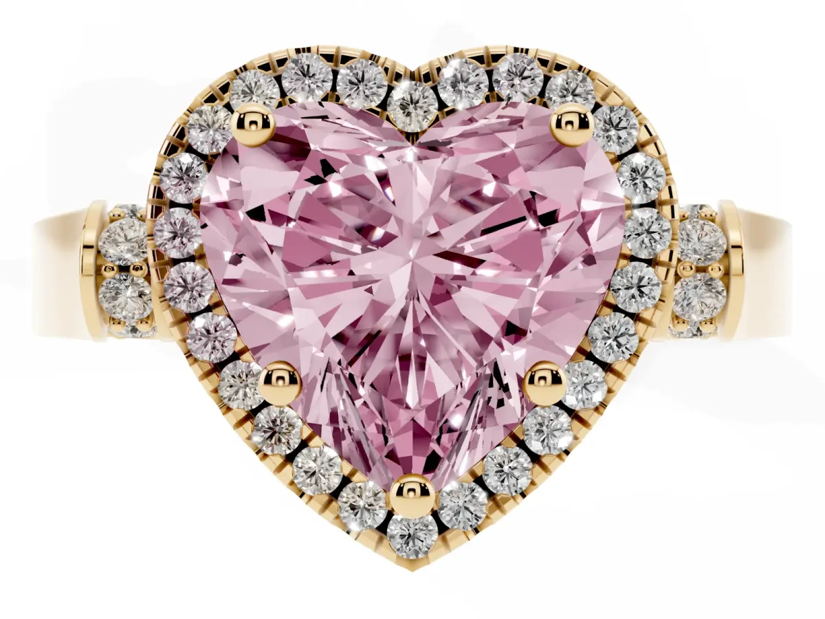 Fancy Pink Heart Cut Halo Round Diamond Twist Band with Four-Prong Setting Yellow gold