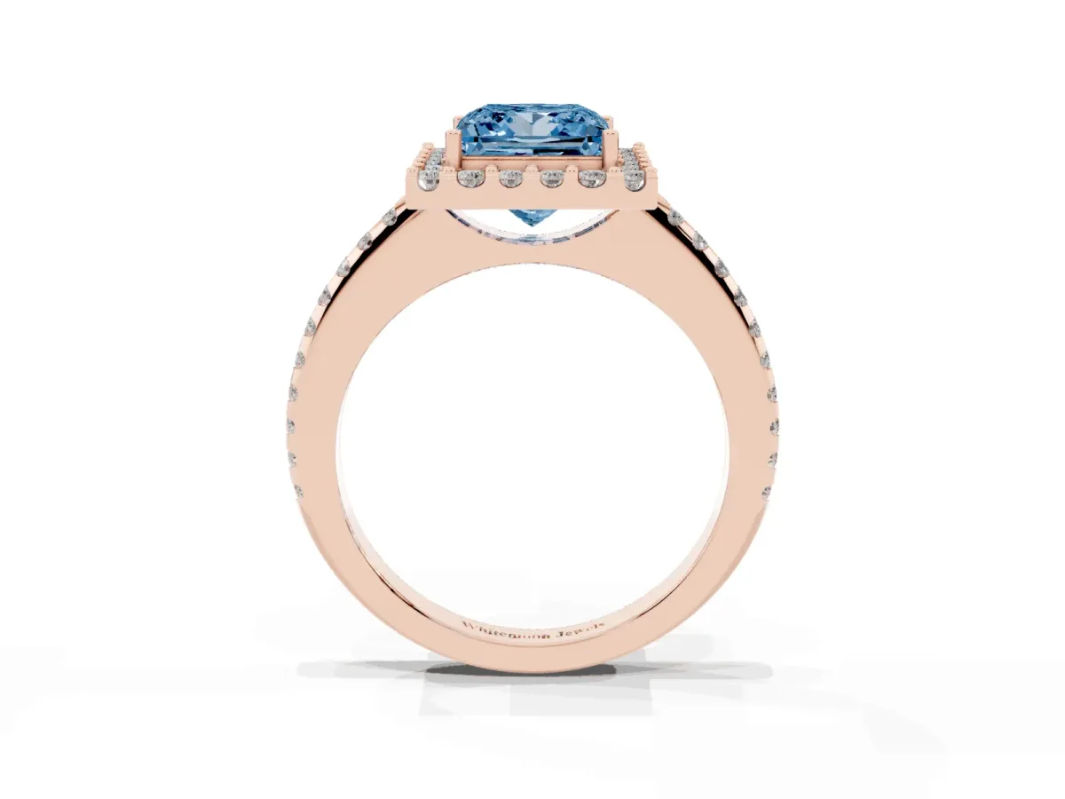Fancy Blue Princess Cut Diamond Pavé Halo Ring with Four-Prong Setting Rose gold
