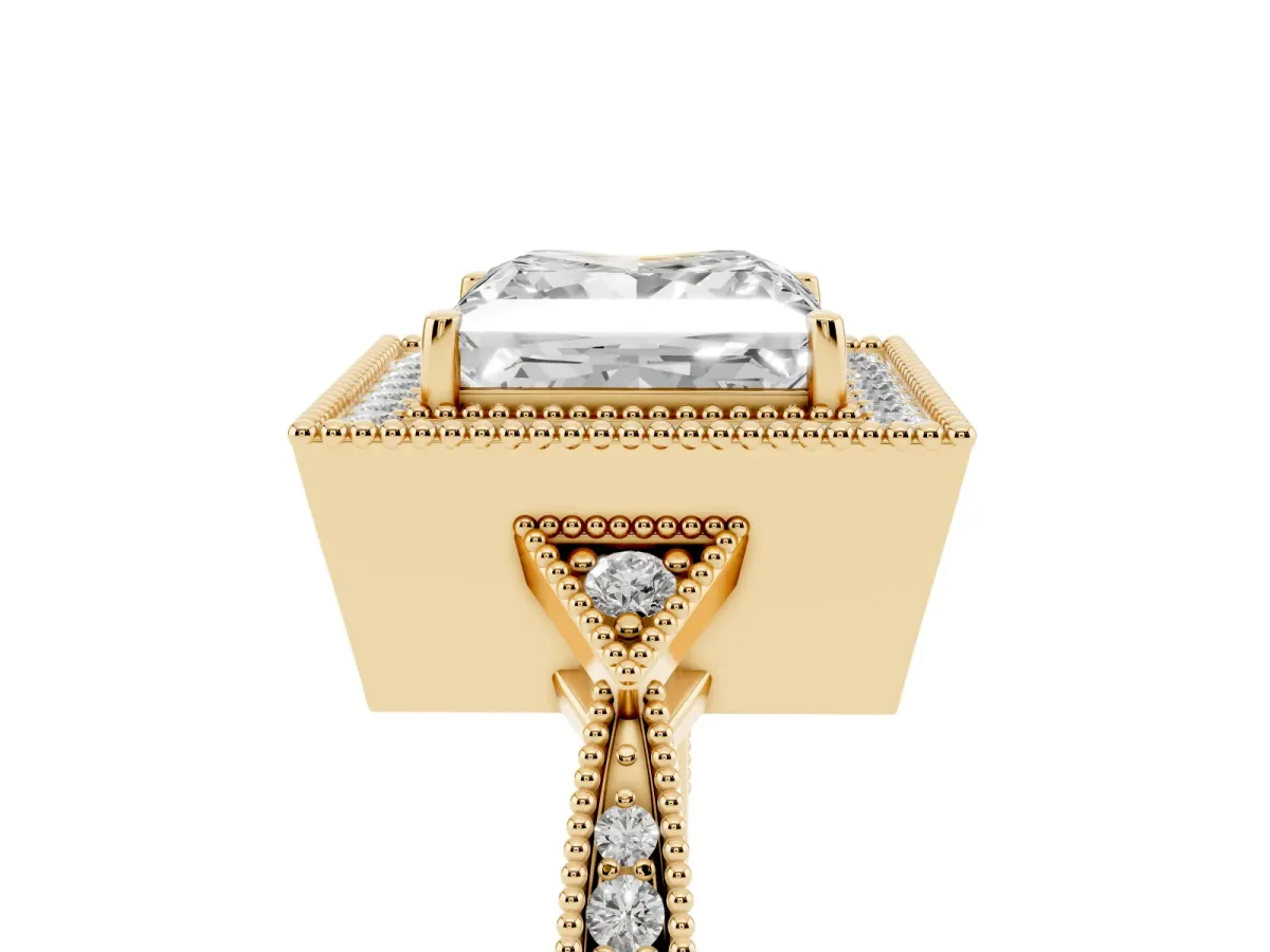 Princess Cut Halo Round Diamond Milgrain Pave Engagement Ring Yellow gold