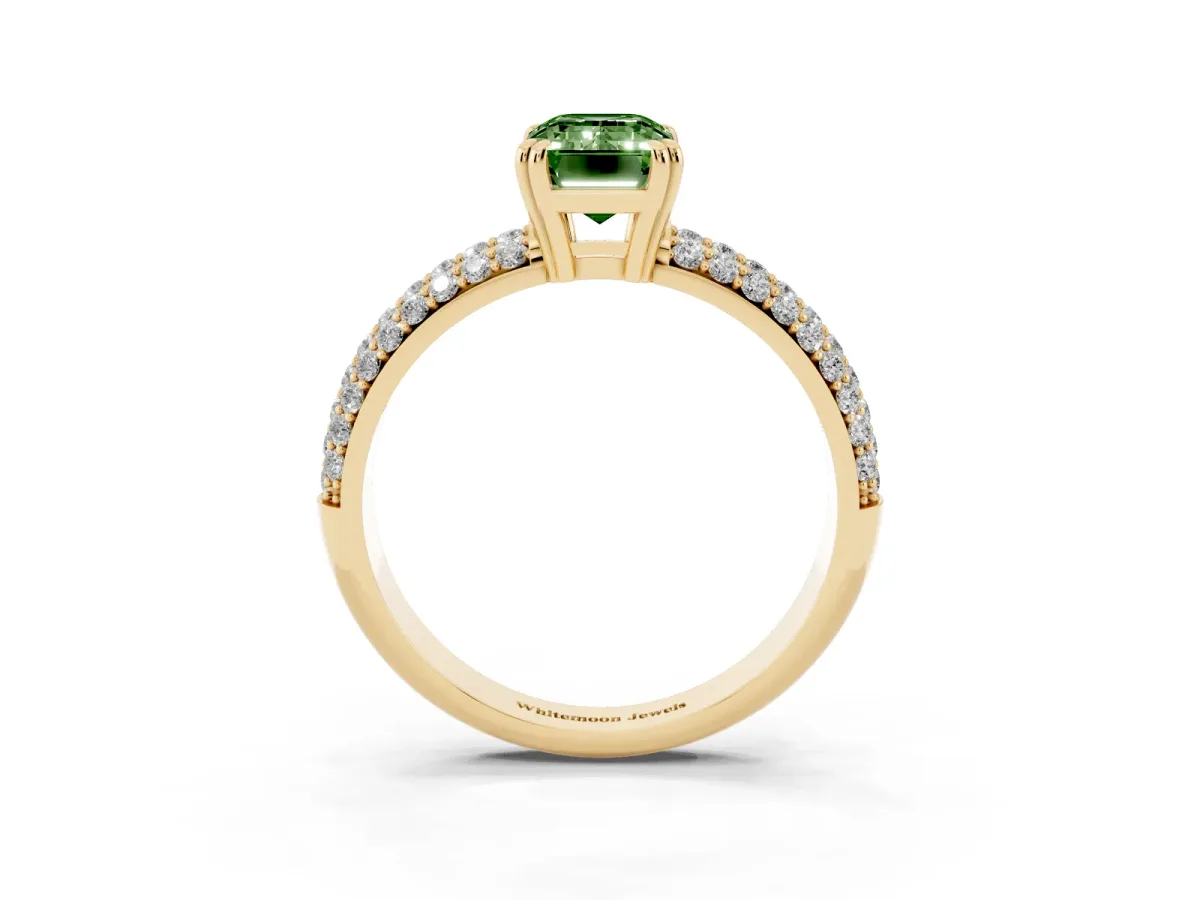 Fancy Green Emerald Cut Diamond Solitaire Ring with Multi-Row Round Pavé Band and Prong Setting Yellow gold