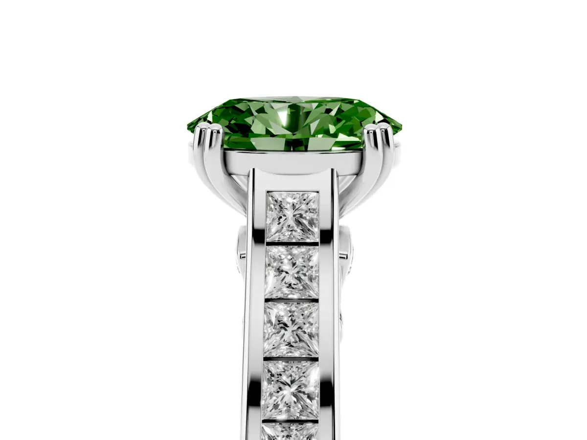 Fancy Green Oval Cut Cut Channel Set Solitaire Engagement Ring with Prong Setting Silver