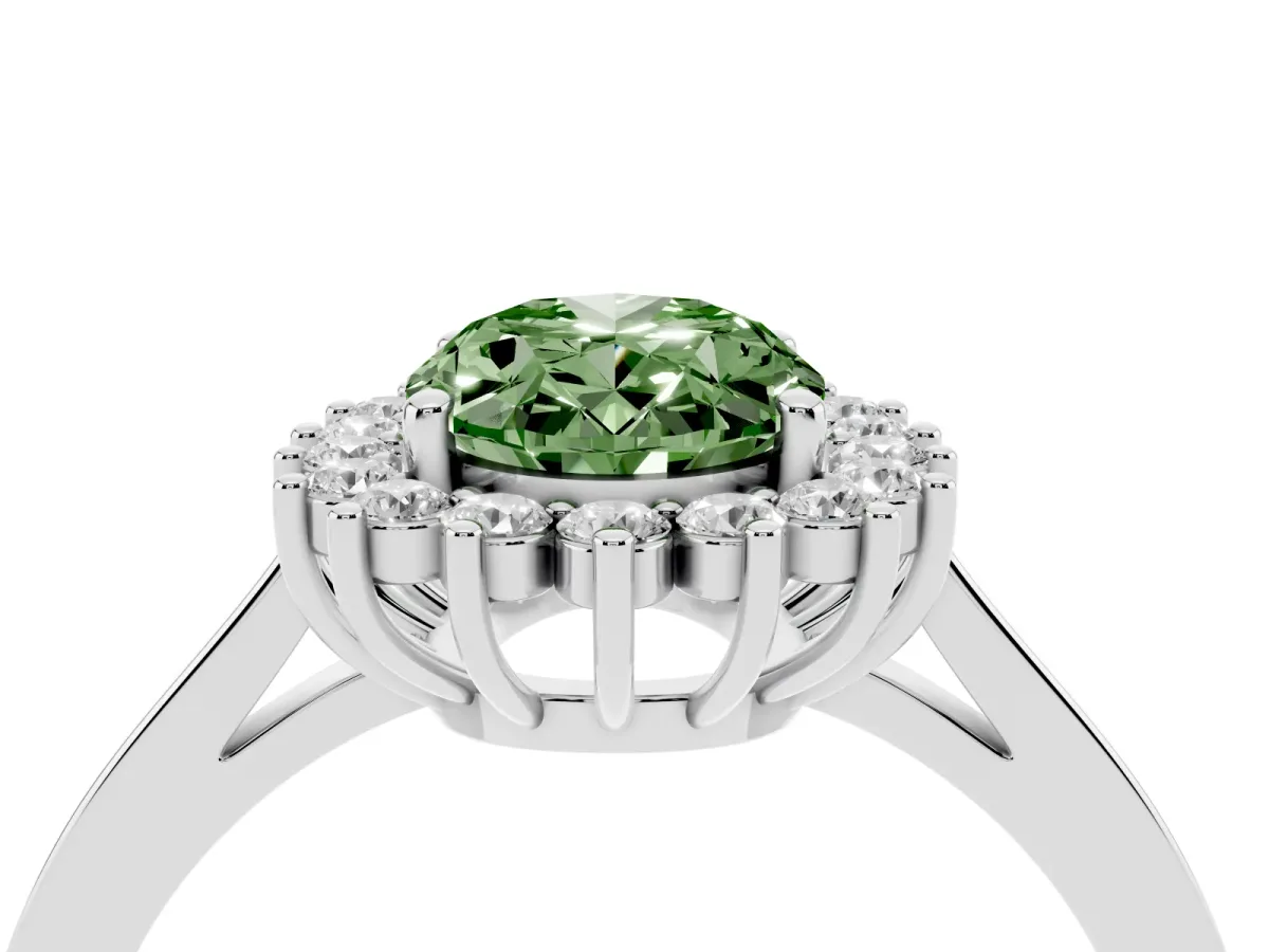 Fancy Green Oval Cut Cut Diamond Halo Ring with Round Brilliant Halo and Solitaire Band Silver