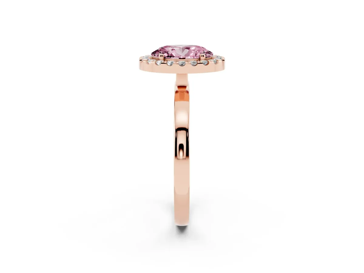 Fancy Pink Oval Cut Halo Diamond Solitaire with Pavé Band and Four-Prong Setting Rose gold