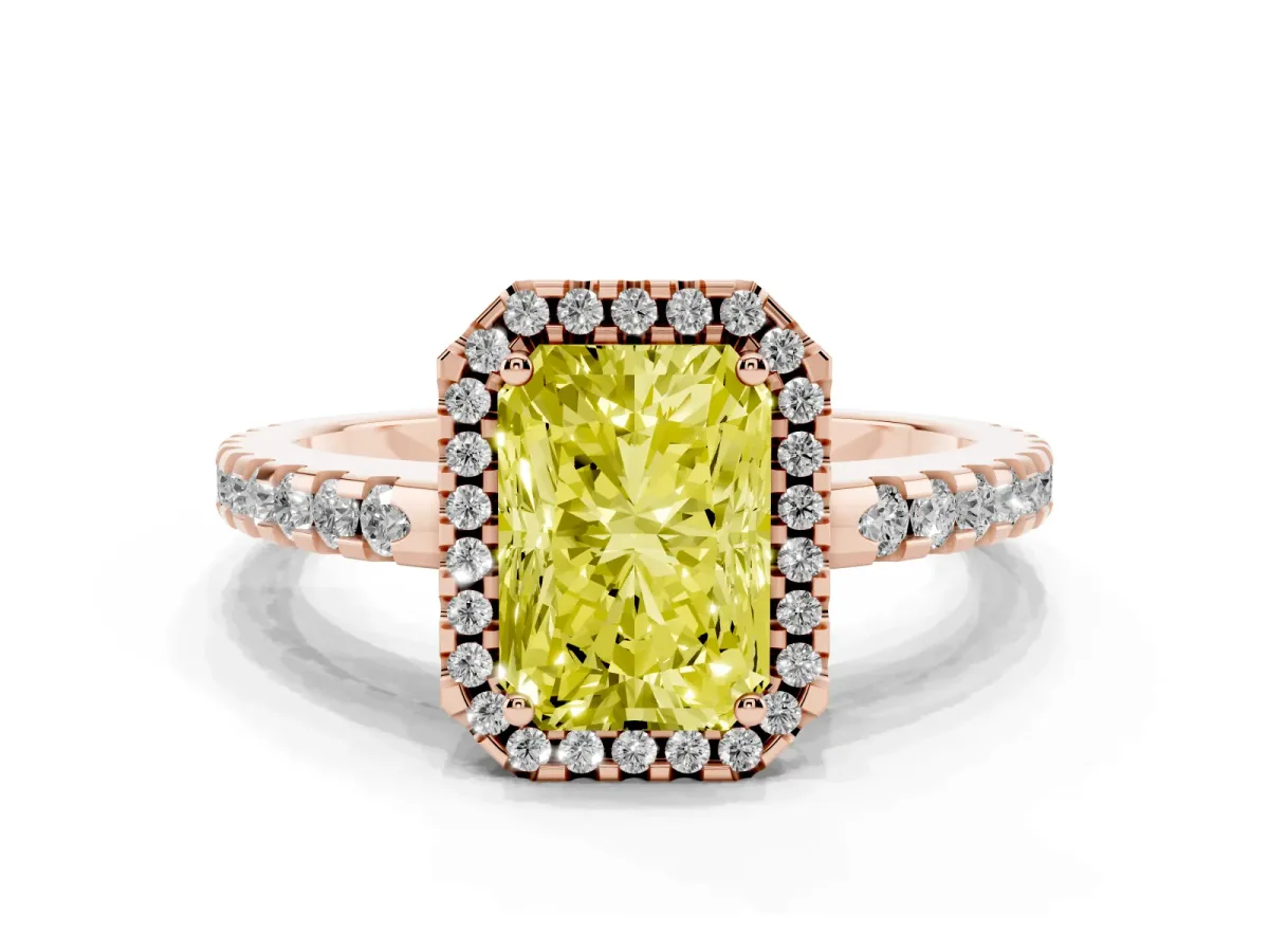 Fancy Yellow Radiant Cut Diamond Halo Engagement Ring with Pavé Band and Prong Setting Rose gold
