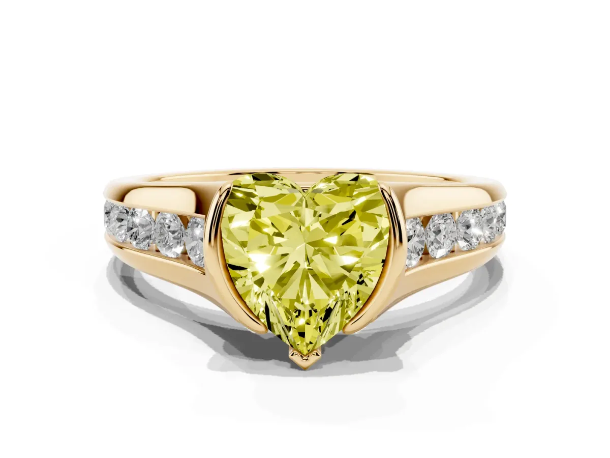 Fancy Yellow Heart Cut Solitaire Bezel-Set Diamond Ring with Channel-Set Band Yellow gold