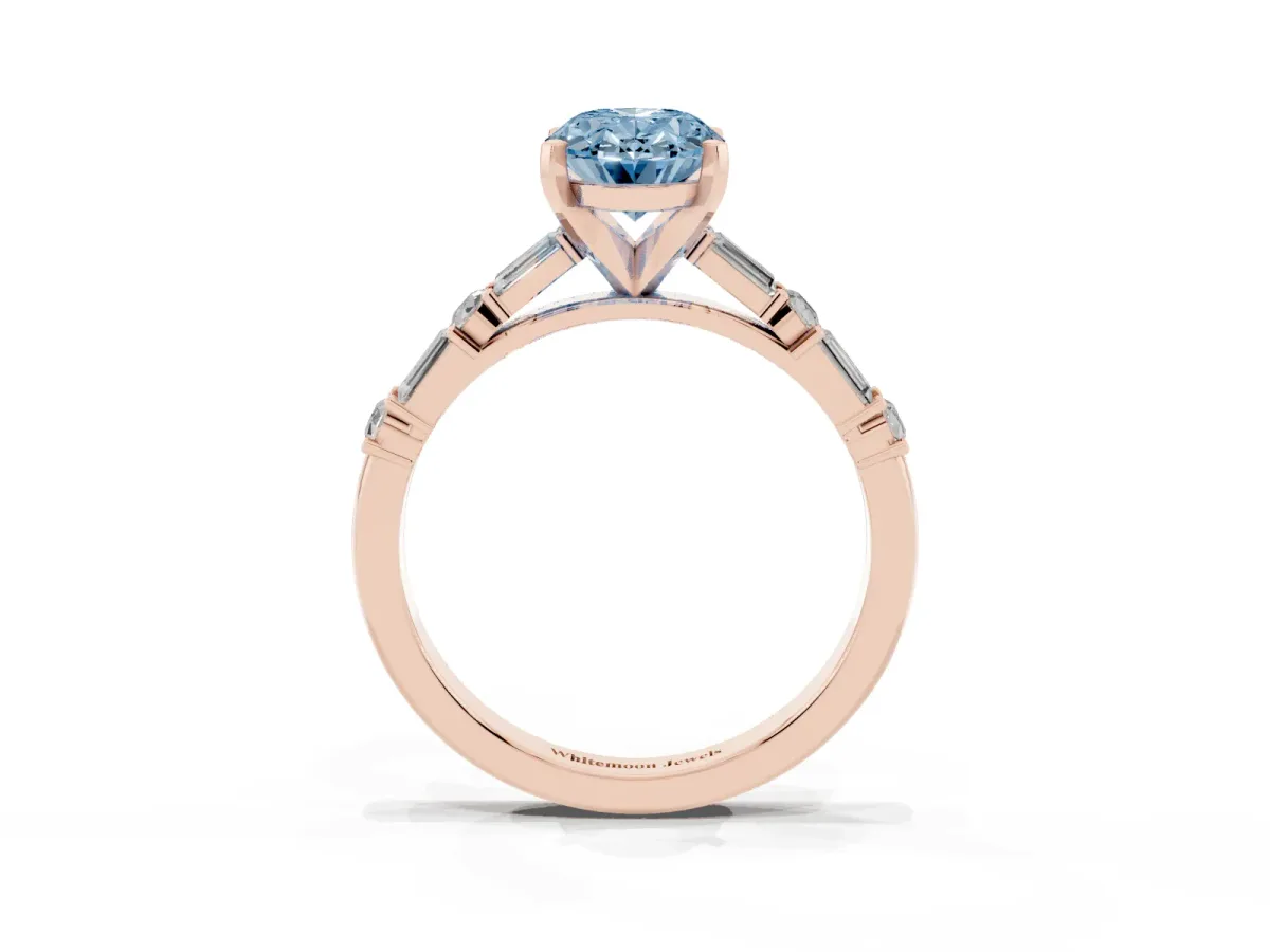 Fancy Blue Oval Cut Diamond Solitaire with Side Baguettes and Channel Set Band Rose gold