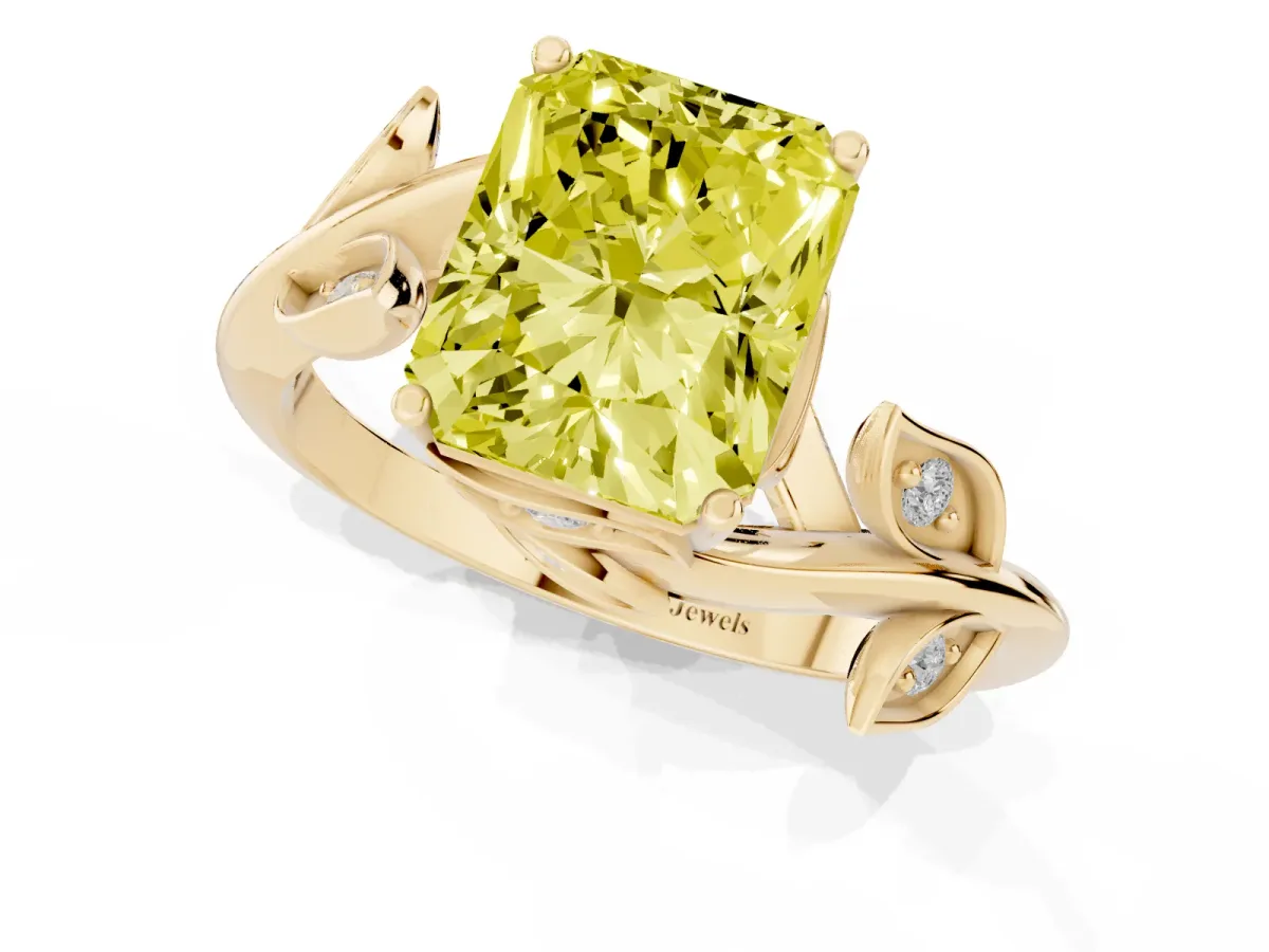 Fancy Yellow Radiant Cut Solitaire Twist Engagement Ring with Leaf Accents and Prong Setting Yellow gold