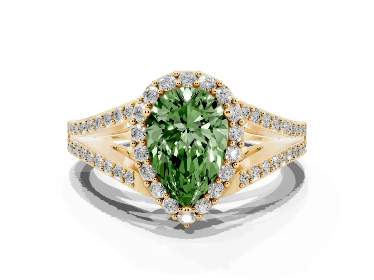 Fancy Green Pear Cut Halo Split Shank Pave Diamond Ring with Four-Prong Setting Yellow gold