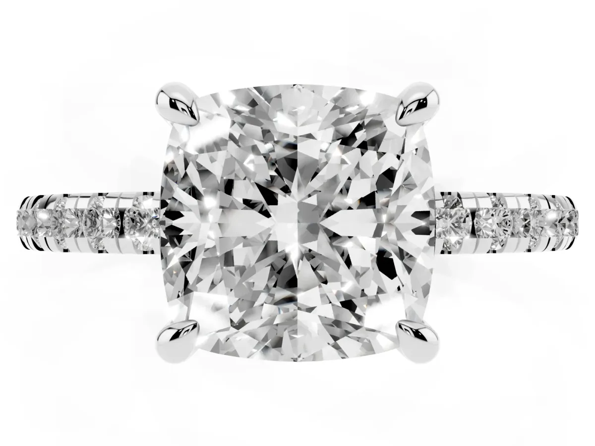 Cushion Cut Diamond Brilliant Solitaire Ring with Pavé Band and Four-Prong Setting Platinum