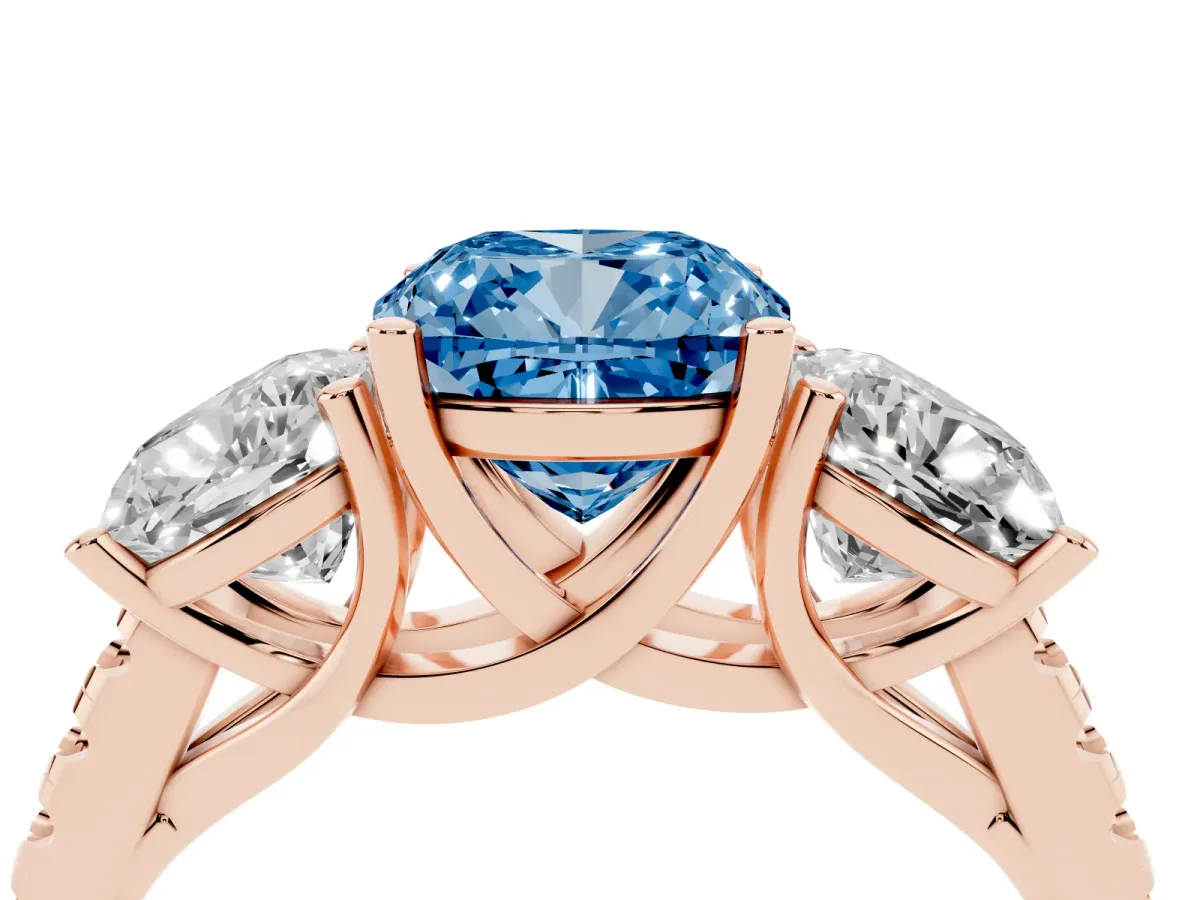 Fancy Blue Three-Stone Cushion Cut Diamond Ring with Round Pavé Band and Prong Setting Rose gold