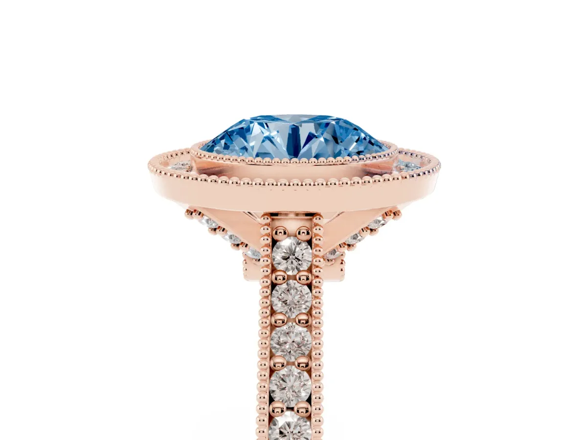 Fancy Blue Halo Round Cut-Cut Diamond Pave Band Milgrain Prong Setting Ring Rose gold