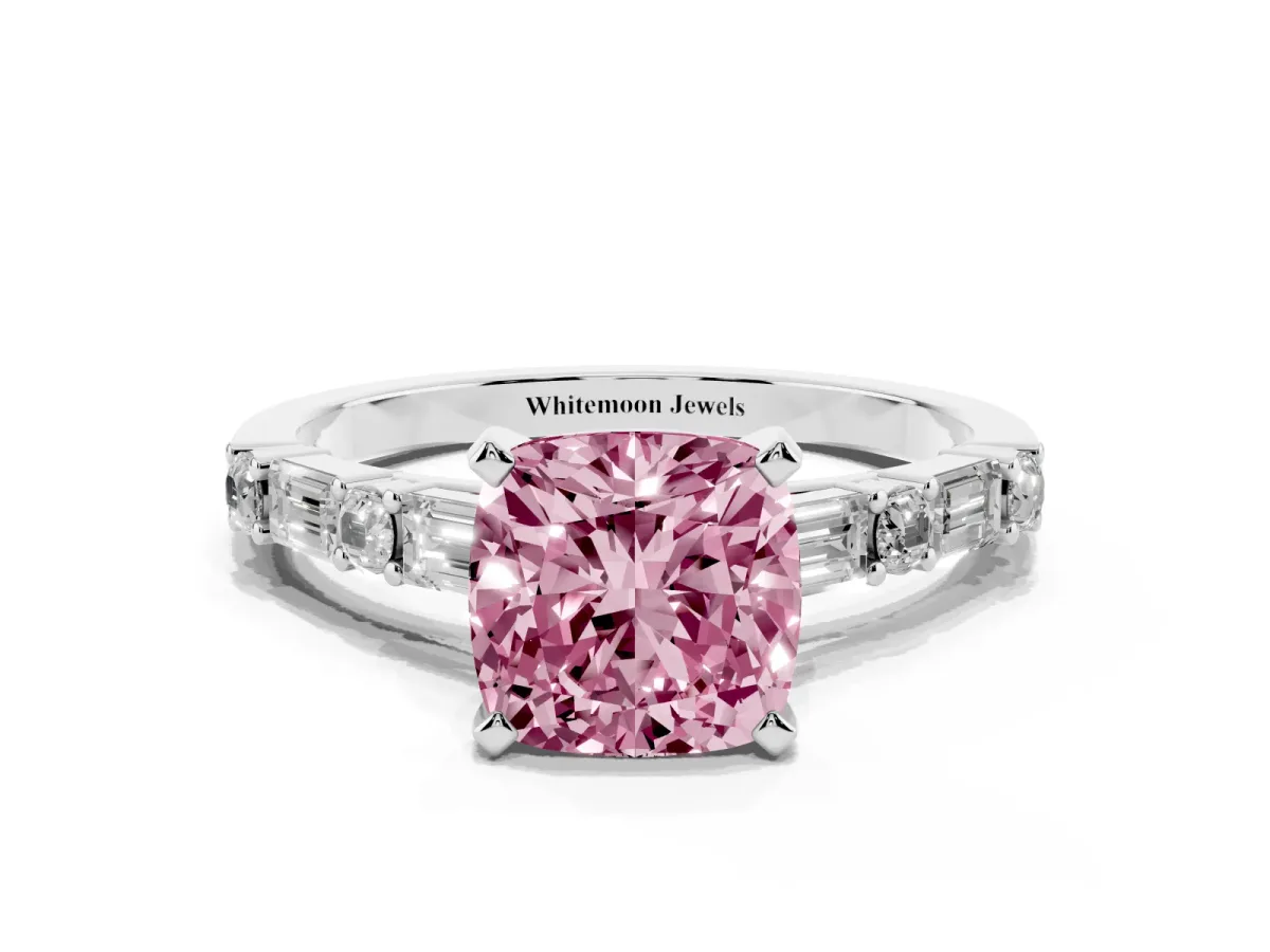 Fancy Pink Cushion Cut Diamond Solitaire with Side Baguettes and Channel Set Band Silver