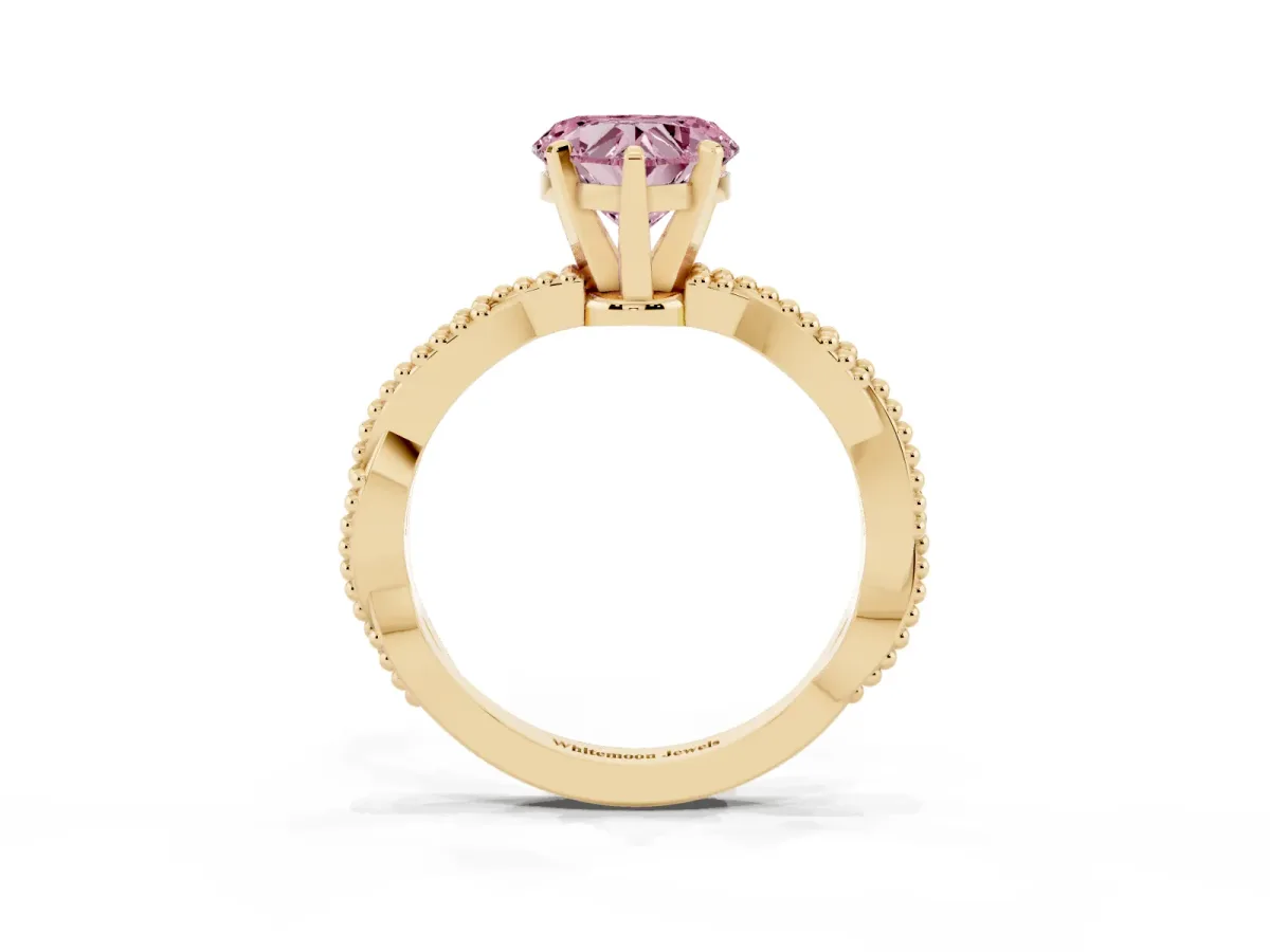 Fancy Pink Heart Cut Solitaire Twisted Band with Bead Prong Setting Yellow gold