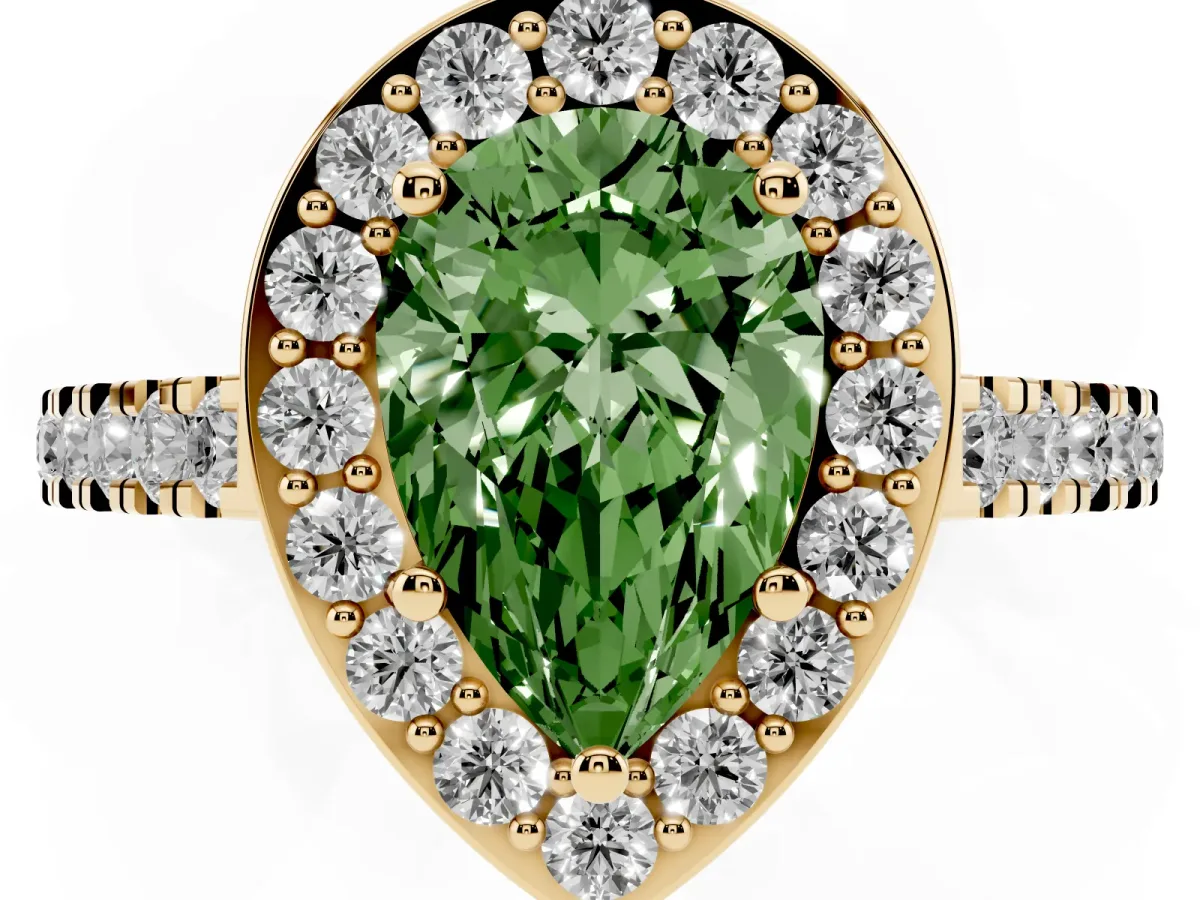 Fancy Green Pear Cut Diamond Halo Ring with Round Pavé Split Shank and Prong Setting Yellow gold
