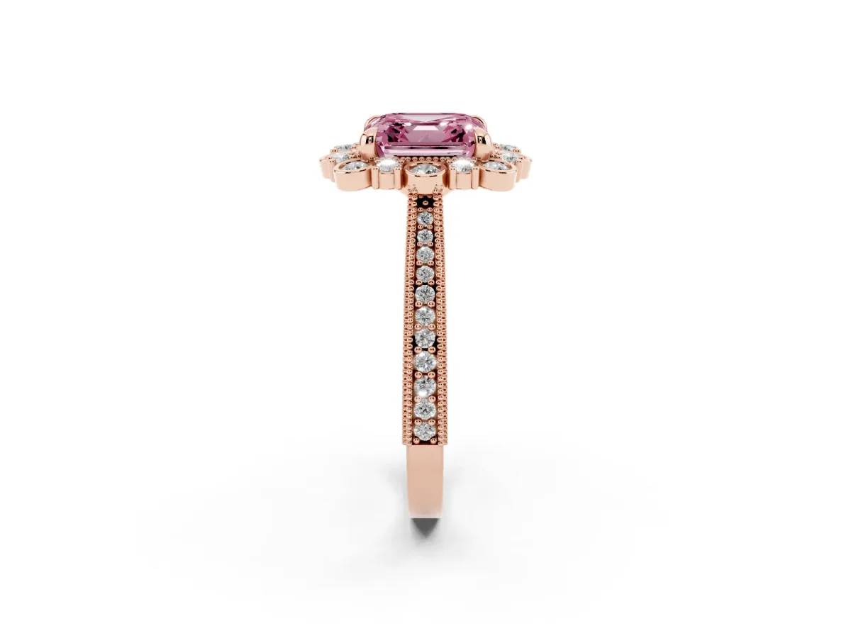 Fancy Pink Asscher Cut Halo Milgrain Pave Diamond Ring with Four-Prong Setting Rose gold