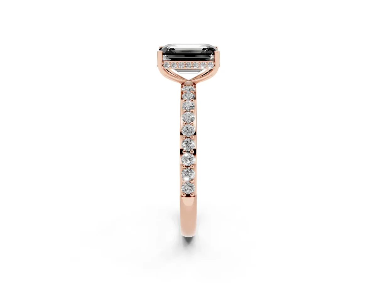 Fancy Black Emerald Cut Diamond Solitaire Ring with Pavé Band and Hidden Halo Rose gold