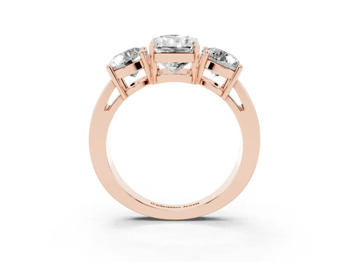 Three-Stone Radiant Cut Diamond Ring with Round Side Stones, Classic Band, and Four-Prong Setting Rose gold