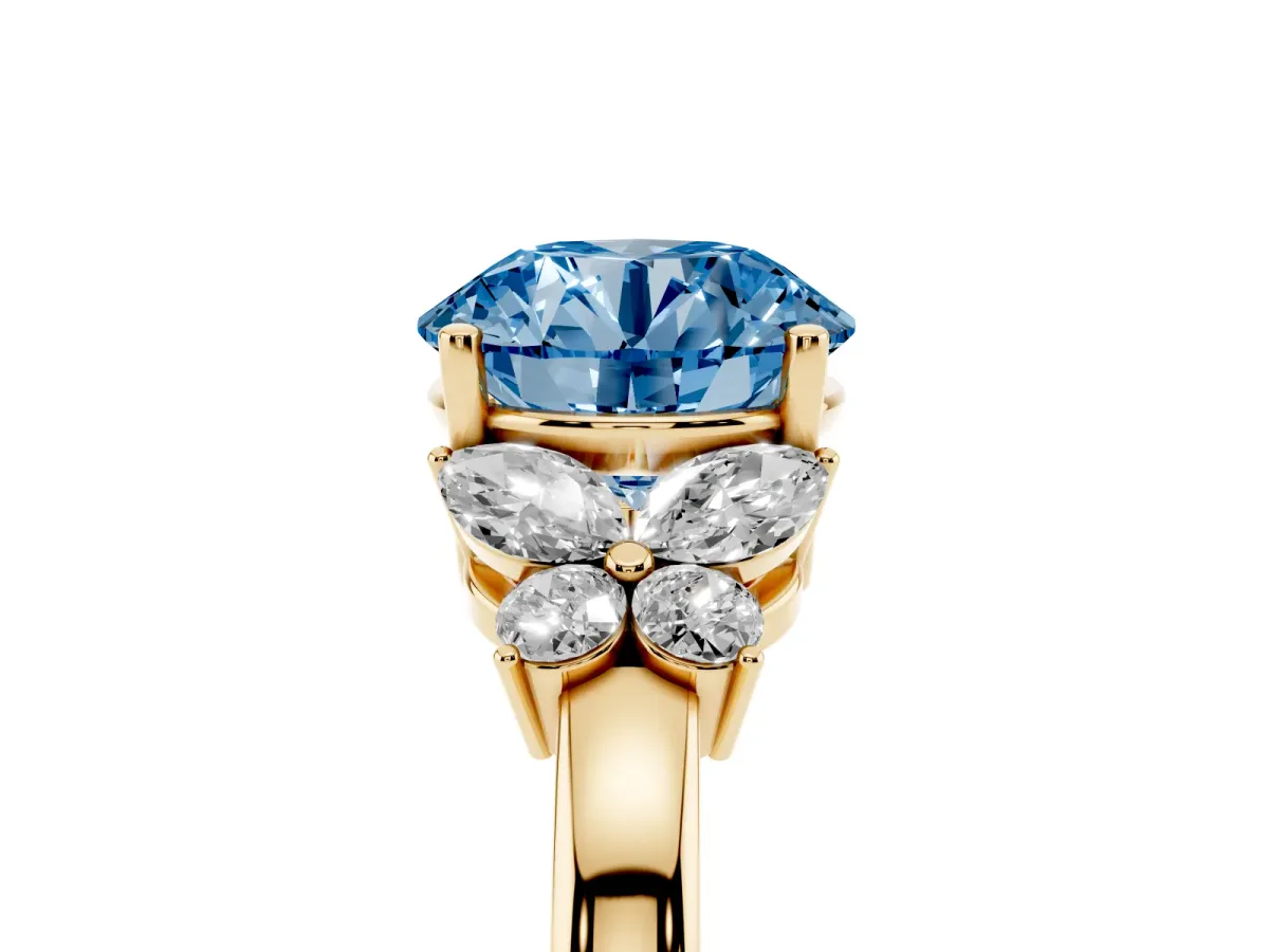 Fancy Blue Round Cut Cut Solitaire Floral Diamond Ring with Four-Prong Setting Yellow gold