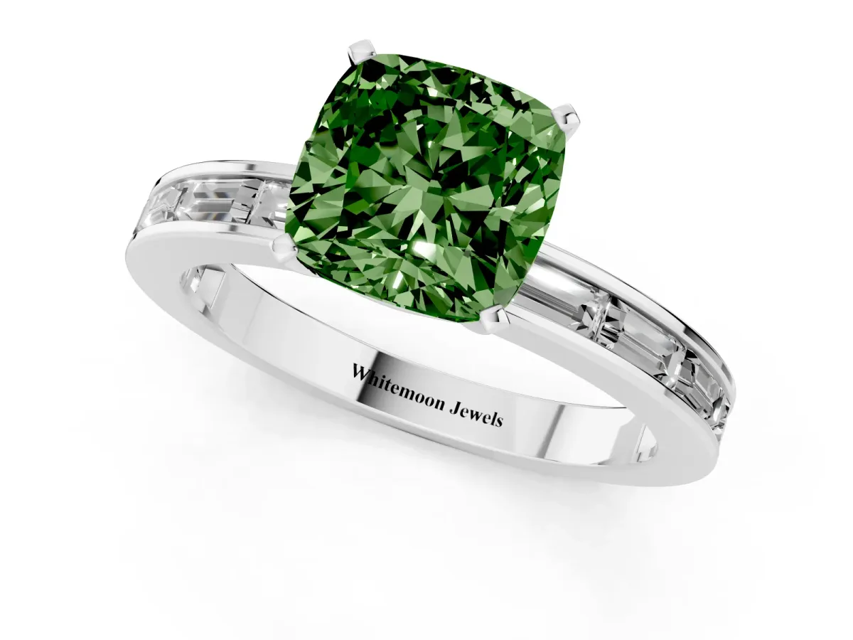 Fancy Green Cushion Cut Solitaire Diamond Ring with Channel-Set Baguette Band and Four-Prong Setting Silver