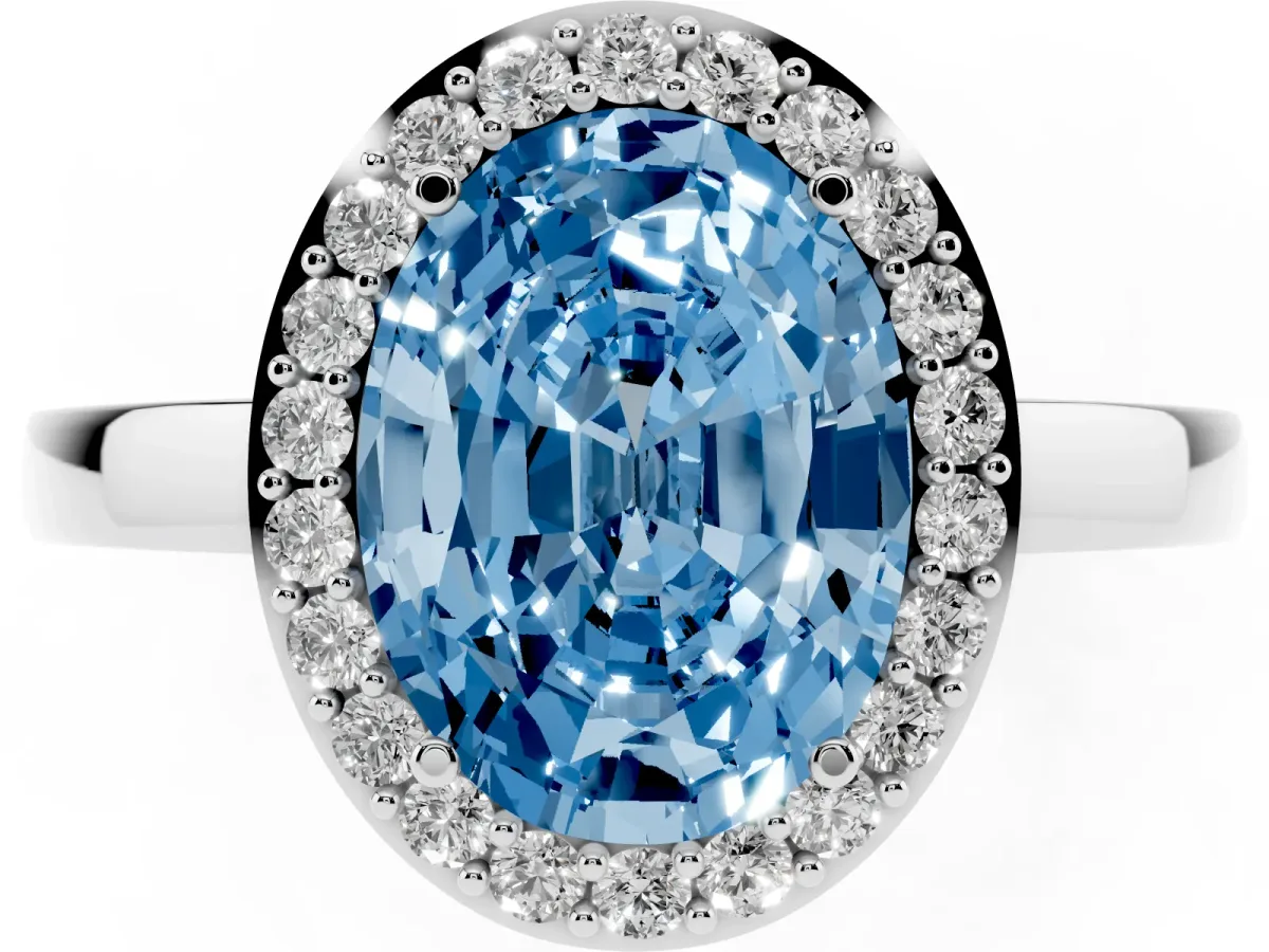 Fancy Blue Oval Cut Halo Diamond Ring with Solitaire Band and Prong Setting Platinum
