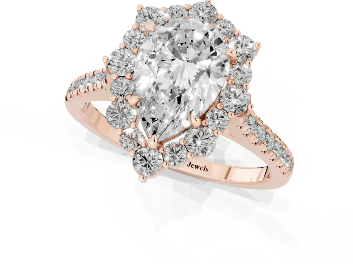 Pear Cut Halo Diamond Ring with Pavé Band and Prong Setting Rose gold