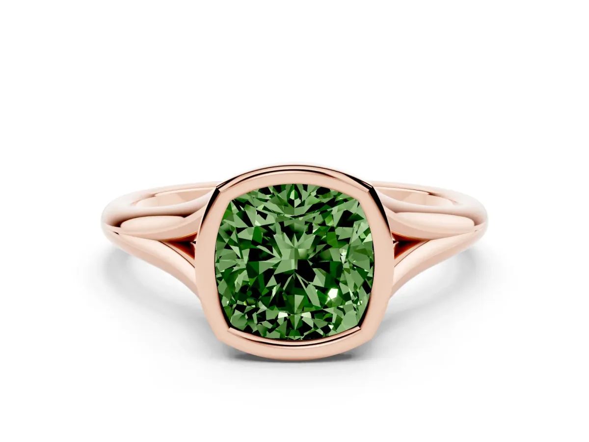Fancy Green Bezel Set Cushion Cut Cut Solitaire Ring with Tapered Band Rose gold