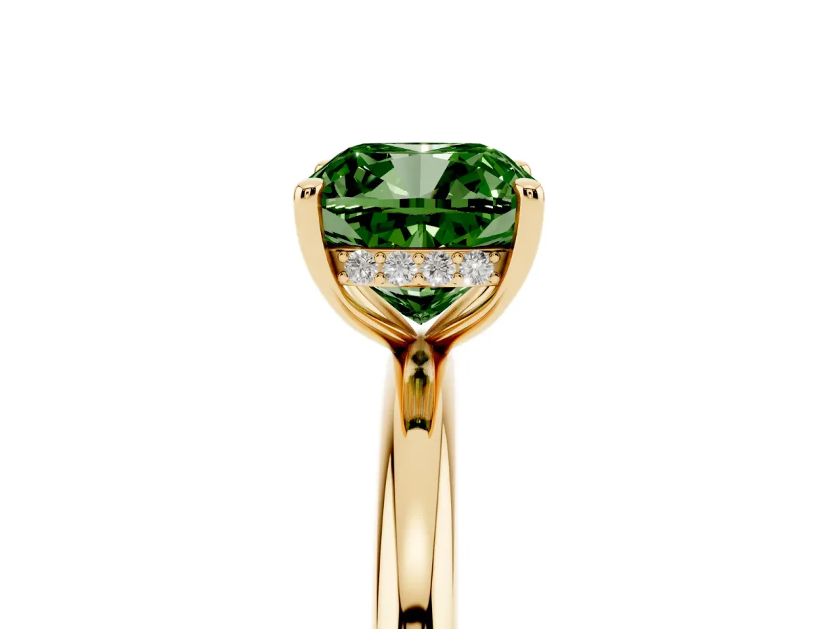Fancy Green Cushion Cut Diamond Solitaire Ring with Thin Band and Four-Prong Setting Yellow gold